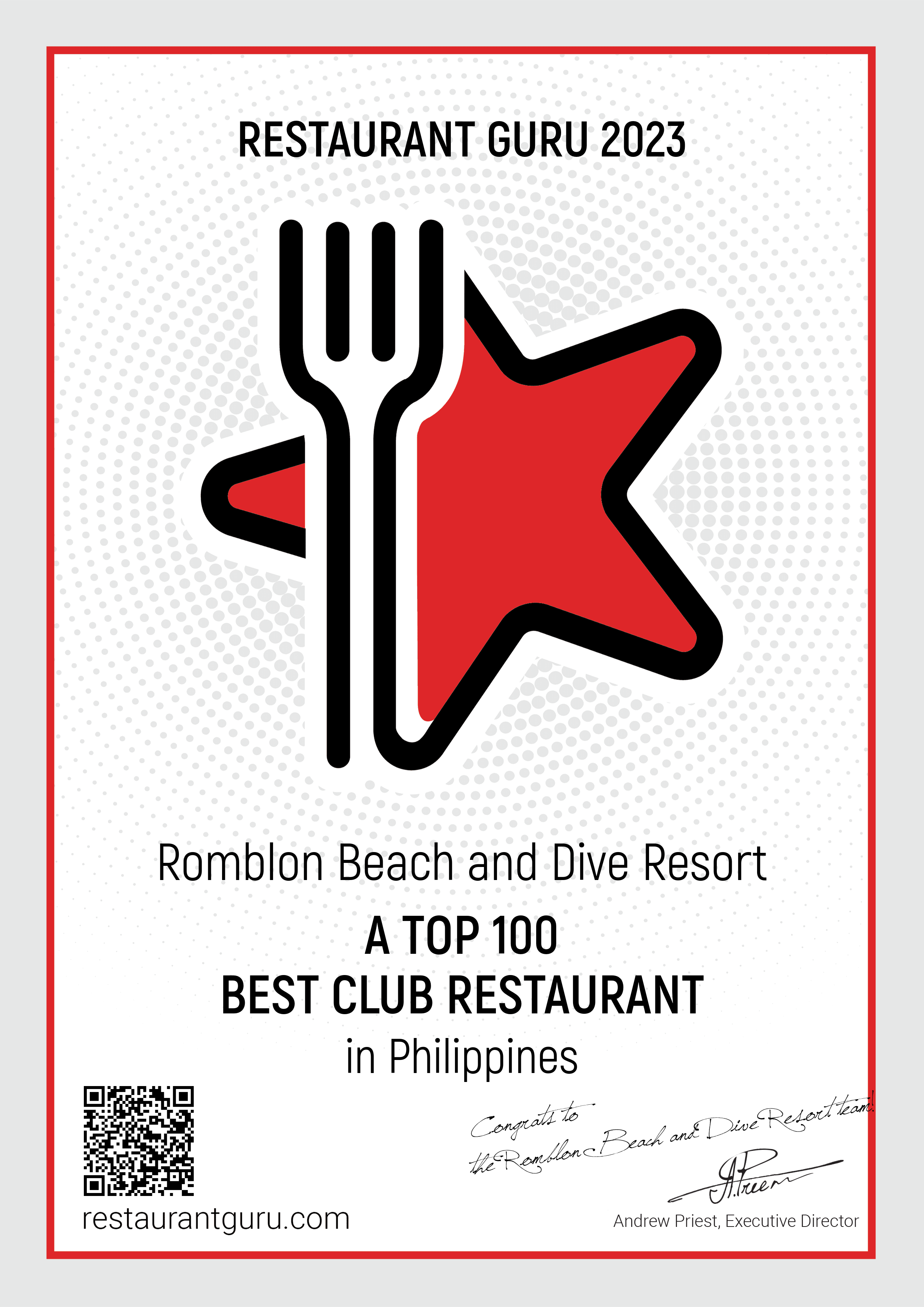 Restaurant Guru 2023 recognition for Romblon Beach and Dive Resort